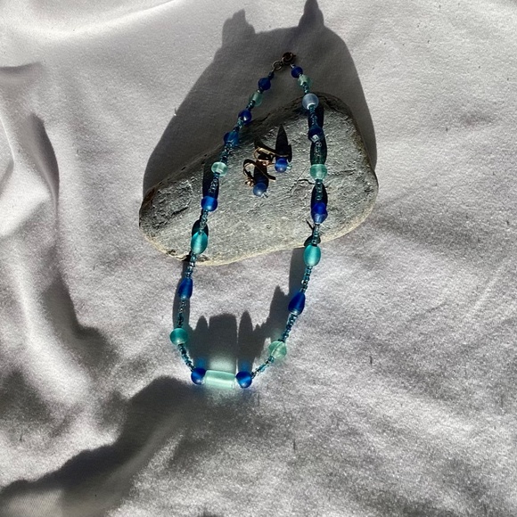 Blue Frosted glass Necklace and Earrings Handmade - Picture 2 of 4